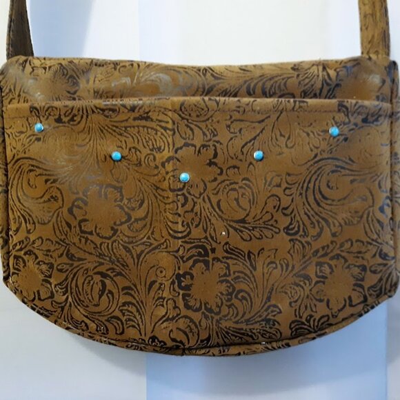 NEW Western Tooled Floral Faux Leather Satchel Shoulder Bag Rich Brown Turquoise - Picture 2 of 11